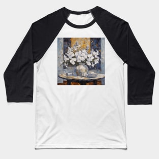 White Phlox and Petunias in Silver Vase Modern Still Life Painting Baseball T-Shirt